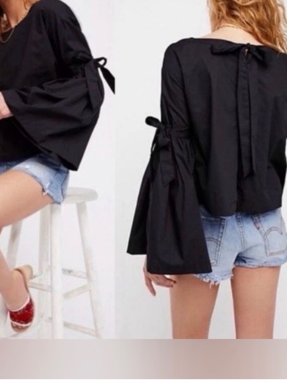 Free People Black Bell-Sleeve Tie-Back Top